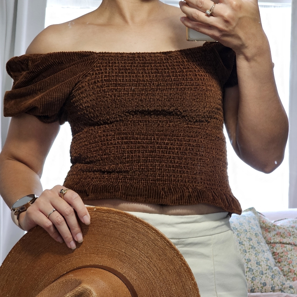 American Eagle Outfitter XS Brown Corduroy Puff Sleeve Crop Top Ruched Blouse